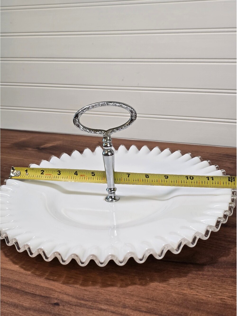 Vintage Fenton Silver Crest Milk Glass Handled Tidbit Platter Ruffled Tray - Picture 5 of 6